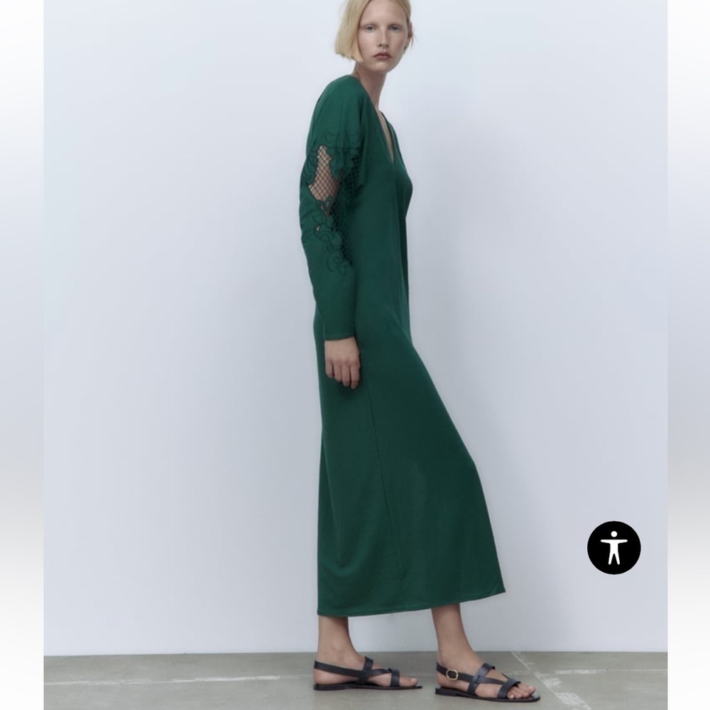 ZARA OPEN CROCHET LACE LONG SLEEVE VAMP MAXI DRESS FOREST GREEN MEDIUM NWT - Picture 6 of 16